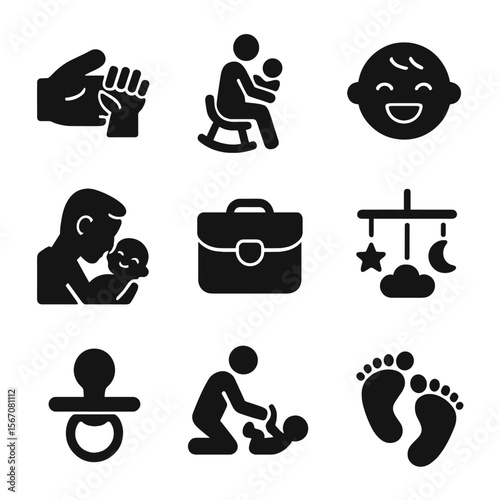 Father-Baby Bonding Icons. Solid, filled icon set of father and baby bonding moments: baby hand hold, father rocking baby, baby