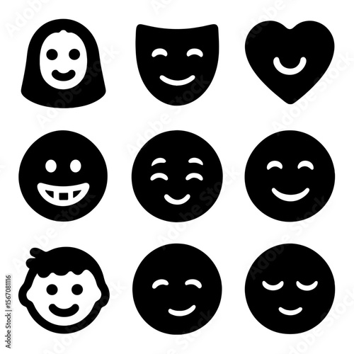 Grid of Iconic Smiles. Solid, filled icon set of symbolic smiles: Mona Lisa smile, mask smile, heart-shaped smile, toothy grin,