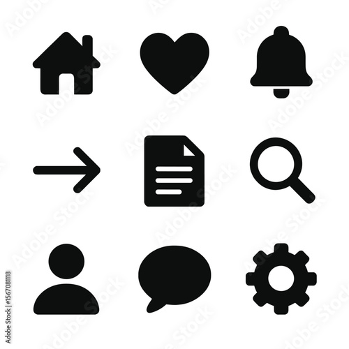 Grid of Icons. icons equally spaced in a 3×3 grid (3 per row). Uniform icon size. No text.