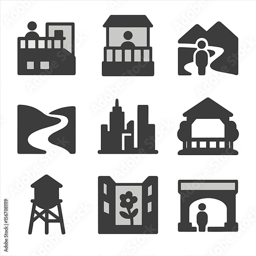 Secret Viewpoint Icons. Flat icon set of secret viewpoints: rooftop terrace, hidden balcony, hilltop overlook, river bend, urban
