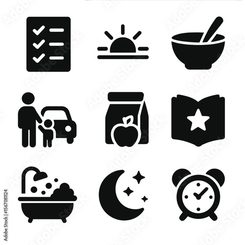 Daily Routine Icons. Solid, filled icons set of morning and evening routines: morning checklist, sunrise icon,