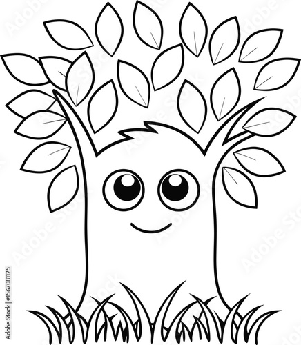 cute monster hiding behind tree  add grass and a t.eps