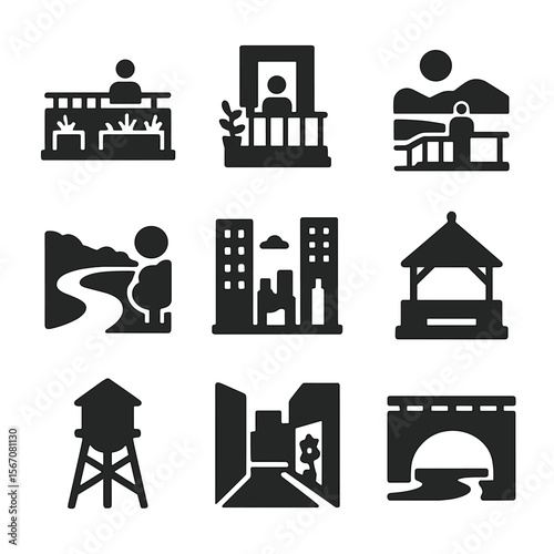Secret Viewpoint Icons. Solid, Filled icon set of secret viewpoints: rooftop terrace, hidden balcony, hilltop overlook, river bend