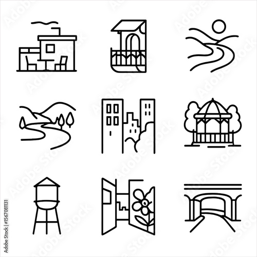 Secret Viewpoint Icons. Outline icon set of secret viewpoints: rooftop terrace, hidden balcony, hilltop overlook, river bend,