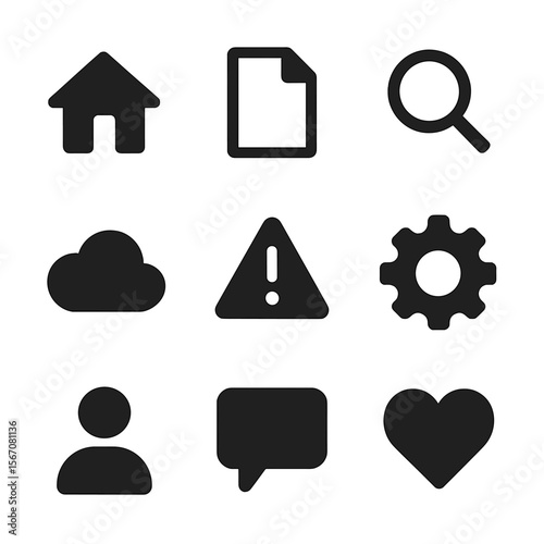 Grid of Icons. icons equally spaced in a 3×3 grid (3 per row). Uniform icon size. No text.
