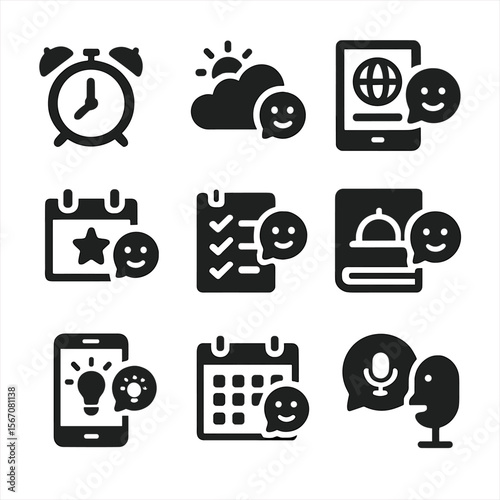Daily Routine Icons. Solid, filled icons set of daily routines with virtual help: morning alarm, weather