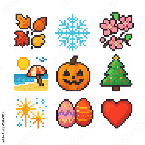 Seasonal Icon Set. Pixel art icon set of seasonal postcard themes: autumn leaves, snowflake pattern, spring blossoms, summer beach