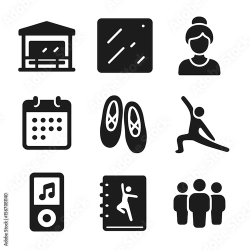 Dance Icons Set. Solid, filled icons set of dance education and workshops: dance studio, mirror wall,