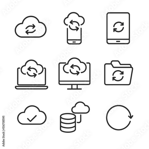 Cloud Sync Icons. Outline icon set of cloud-based synchronization: cloud with bidirectional arrows, smartphone syncing, tablet