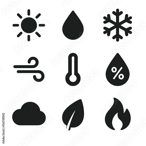 Environmental Icons Grid. Solid, filled icon set of environmental factors: sun rays, rain drop, snowflake, wind swirl, thermometer
