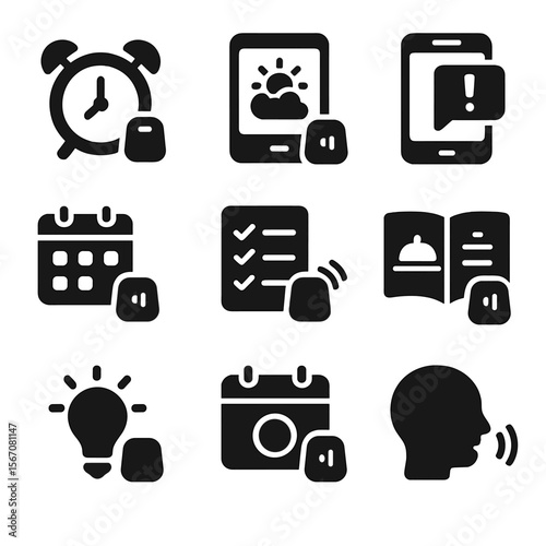 Daily Routine Icons. Solid, filled icons set of daily routines with virtual help: morning alarm, weather