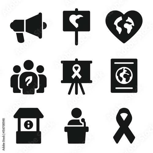 Environmental Awareness Icons. Solid, filled icon set of environmental awareness: megaphone, protest sign, Earth heart, eco group,