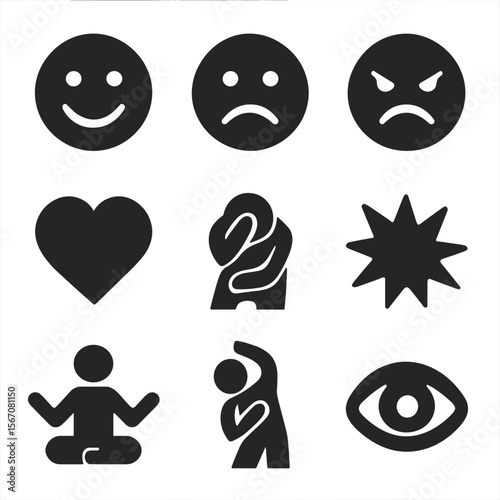 Dance Emotion Icons. Solid, filled icons set of emotional expression in dance: happy face, sad face, anger