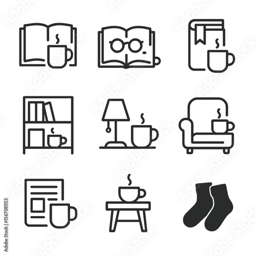 Coffee and Reading Icons. Outline icon set of coffee and reading: open book with coffee mug, reading glasses on page, bookmark and
