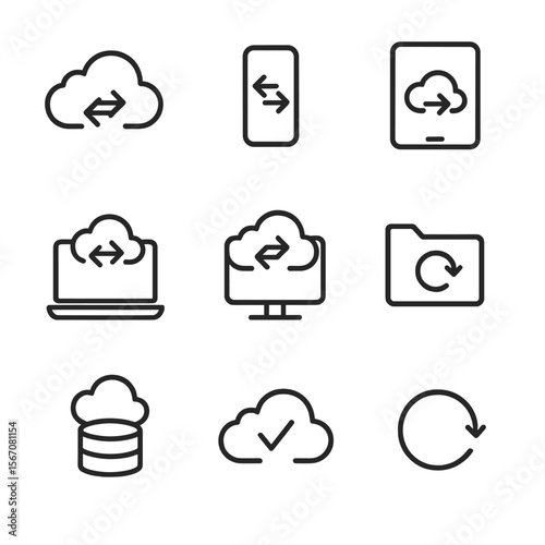 Cloud Sync Icons. Outline icon set of cloud-based synchronization: cloud with bidirectional arrows, smartphone syncing, tablet