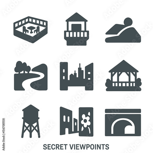 Secret Viewpoint Icons. Flat icon set of secret viewpoints: rooftop terrace, hidden balcony, hilltop overlook, river bend, urban