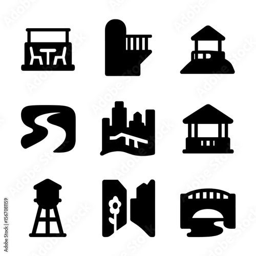 Secret Viewpoint Icons. Solid, Filled icon set of secret viewpoints: rooftop terrace, hidden balcony, hilltop overlook, river bend