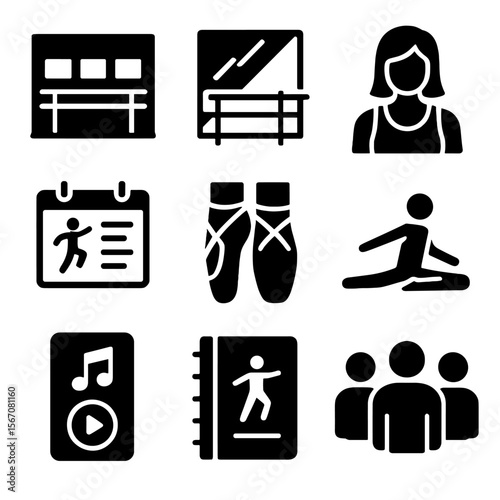 Dance Icons Set. Solid, filled icons set of dance education and workshops: dance studio, mirror wall,