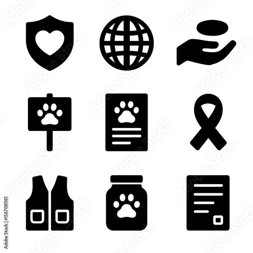 Fauna Protection Icons. Solid, filled icon set of fauna protection organizations: nonprofit badge, globe icon, donation hand,