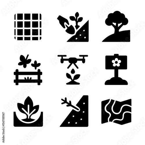 Environmental Restoration Icons. Solid, filled icon set of environmental restoration: erosion net, hillside planting, rewilding