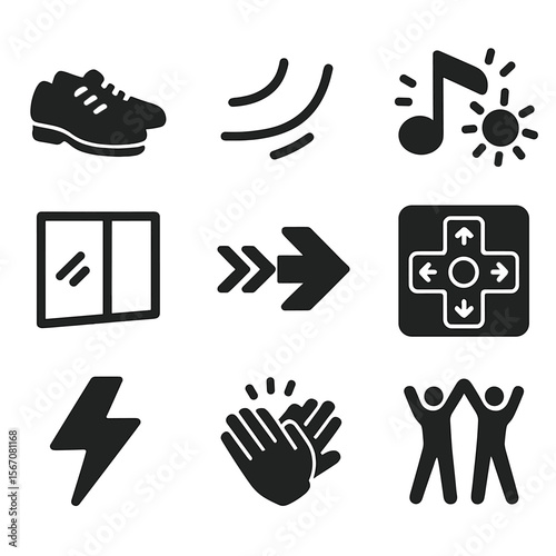 Dance Fitness Icons. Solid, filled icons set of dance-based fitness trends: dance shoes, movement lines,