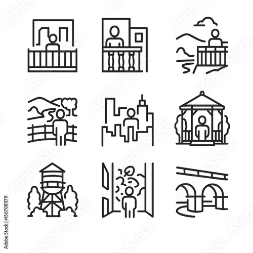 Secret Viewpoint Icons. Outline icon set of secret viewpoints: rooftop terrace, hidden balcony, hilltop overlook, river bend,