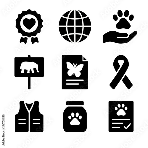 Fauna Protection Icons. Solid, filled icon set of fauna protection organizations: nonprofit badge, globe icon, donation hand,