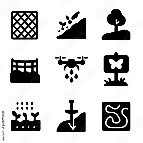 Environmental Restoration Icons. Solid, filled icon set of environmental restoration: erosion net, hillside planting, rewilding