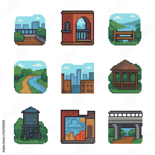 Secret Viewpoints Icons. Pixel art icon set of secret viewpoints: rooftop terrace, hidden balcony, hilltop overlook, river bend,
