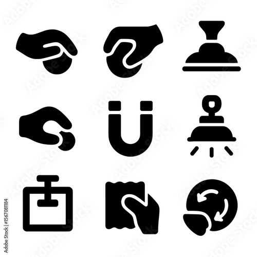 Gripping Force Icons. Solid, filled icon set of gripping force types: soft touch, firm grip, suction hold, pinch grasp, magnetic