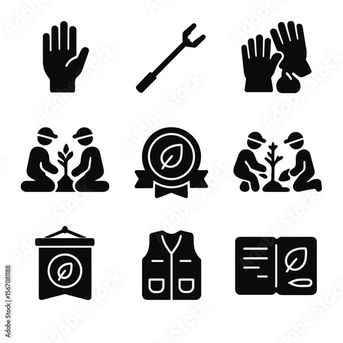 Environmental Icon Set. Solid, filled icon set of environmental volunteerism: volunteer hand, trash picker, gloves and bag,