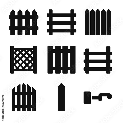 Fence Icon Set. Solid, filled icon set of wooden fence styles: picket fence, split rail fence, privacy fence, lattice fence, board