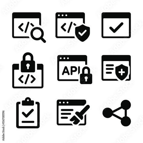 Secure Coding Icons. Solid, Filled icon set of secure coding practices: code review, static analyzer, input validation, encryption