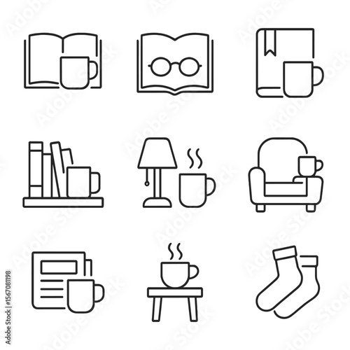 Coffee and Reading Icons. Outline icon set of coffee and reading: open book with coffee mug, reading glasses on page, bookmark and