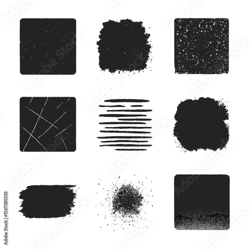 Grunge Texture Icons. Solid, filled icon set of grunge and noise textures: grain effect, rough patch, speckled overlay, scratch