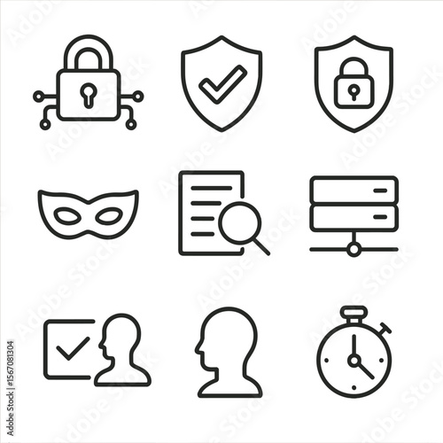 Security Icon Set. Outline icon set of security and privacy controls: data encryption lock, GDPR compliance badge, access control