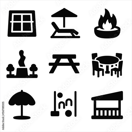 Estate Leisure Icons. Solid, filled icon set of estate leisure spaces: tennis court, poolside chair, firepit, sculpture garden,