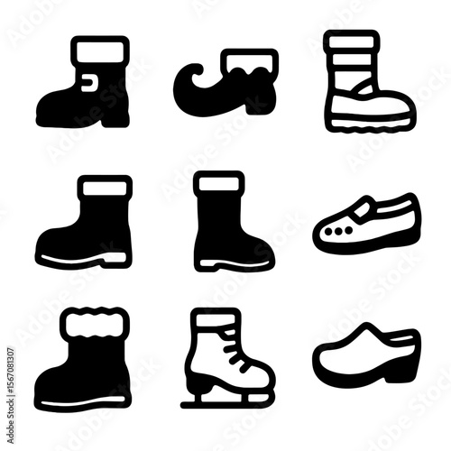 Festive Footwear Icons. Solid, filled icon set of festive footwear types: Santa’s boots, elf slippers, snow boots, winter boots,