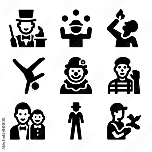Festive Performer Icons. Solid, filled icon set of festive performers: magician, juggler, fire-eater, acrobat, clown, mime,