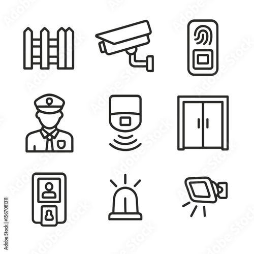 Security Icon Grid. Outline icon set of physical security integration: perimeter fence, CCTV camera, biometric reader, security