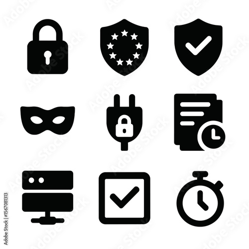 Security Icons Grid. Solid, Filled icon set of security and privacy controls: data encryption lock, GDPR compliance badge, access