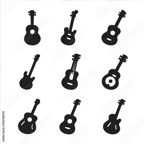 Guitar Icon Collection. Solid, filled icon set of guitar types: acoustic guitar, electric guitar, classical guitar, bass guitar,