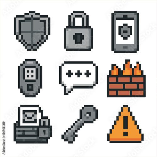 Security Icons Pixel Art. Pixel art icon set of account security measures: shield emblem, padlock, two-factor auth phone, OTP