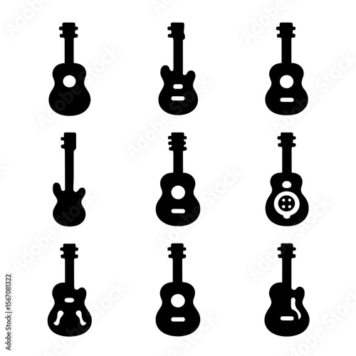 Guitar Icon Collection. Solid, filled icon set of guitar types: acoustic guitar, electric guitar, classical guitar, bass guitar,