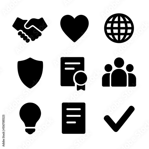 Ethical Compliance Icons. Solid, filled icon set of ethical compliance: handshake, heart, globe, shield, certificate, user group,