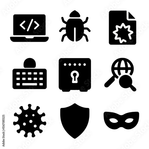 Ethical Hacking Icons. Solid, filled icon set of ethical hacking tools: laptop with code, bug, exploit, keylogger, password vault,