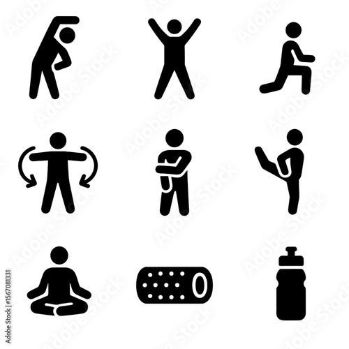 Gymnastics Warm-Up Icons. Solid, filled icon set of gymnastics warm-up: stretching, jumping jacks, lunges, arm circles, wrist