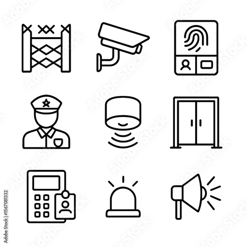 Security Icon Grid. Outline icon set of physical security integration: perimeter fence, CCTV camera, biometric reader, security