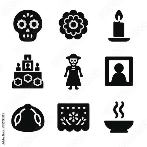 Day of the Dead Icons. Solid, filled icons set of Day of the Dead: sugar skull, marigold flower, candle, altar