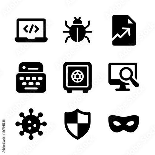 Ethical Hacking Icons. Solid, filled icon set of ethical hacking tools: laptop with code, bug, exploit, keylogger, password vault,